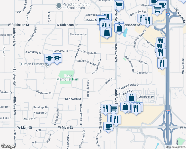 map of restaurants, bars, coffee shops, grocery stores, and more near 3832 Cedarbrook Drive in Norman