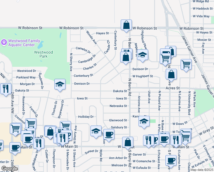 map of restaurants, bars, coffee shops, grocery stores, and more near 1416 Denison Drive in Norman