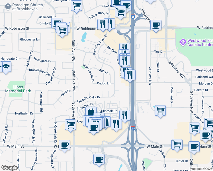 map of restaurants, bars, coffee shops, grocery stores, and more near 3212 Caddo Lane in Norman