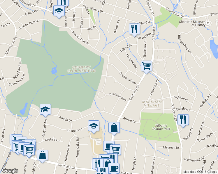 map of restaurants, bars, coffee shops, grocery stores, and more near 2512 Dunlavin Way in Charlotte