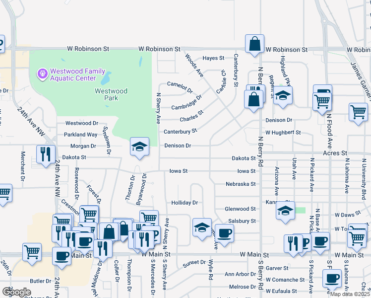 map of restaurants, bars, coffee shops, grocery stores, and more near 1610 Denison Drive in Norman