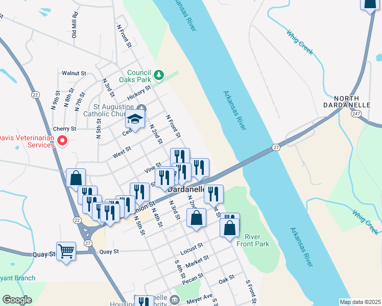 map of restaurants, bars, coffee shops, grocery stores, and more near 610 North Front Street in Dardanelle