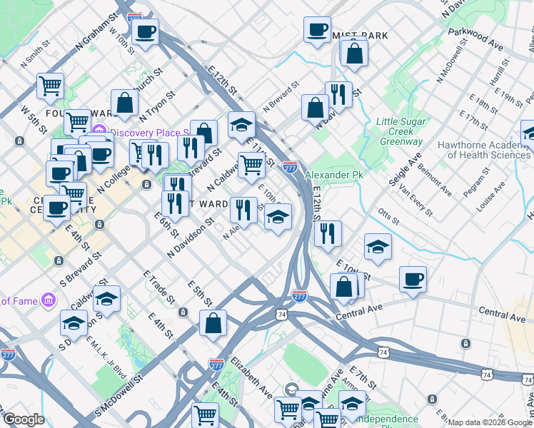 map of restaurants, bars, coffee shops, grocery stores, and more near 924 Garden District Drive in Charlotte