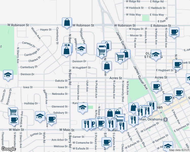 map of restaurants, bars, coffee shops, grocery stores, and more near 713 Hartman Drive in Norman