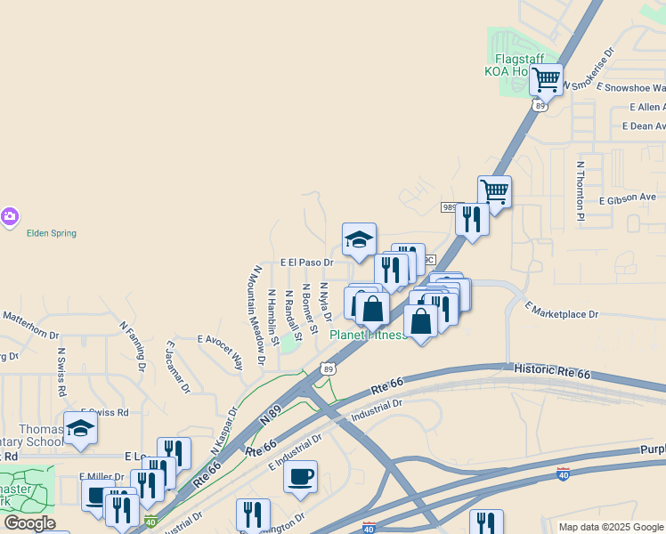 map of restaurants, bars, coffee shops, grocery stores, and more near 3991 East El Paso Drive in Flagstaff