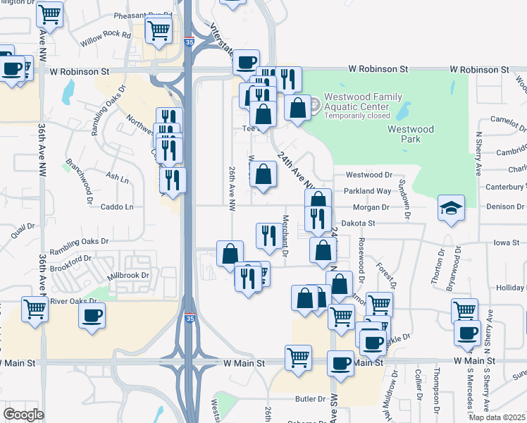 map of restaurants, bars, coffee shops, grocery stores, and more near 2510 Boardwalk Street in Norman