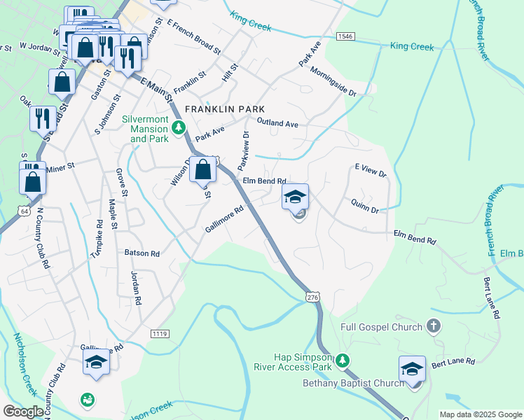 map of restaurants, bars, coffee shops, grocery stores, and more near 319 Greenville Highway in Brevard