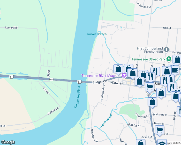 map of restaurants, bars, coffee shops, grocery stores, and more near 101 West Main Street in Savannah