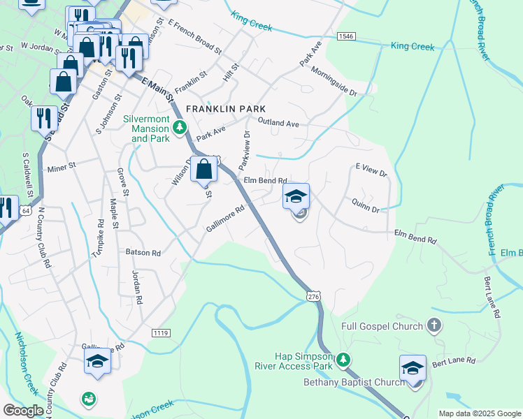 map of restaurants, bars, coffee shops, grocery stores, and more near 319 Greenville Highway in Brevard