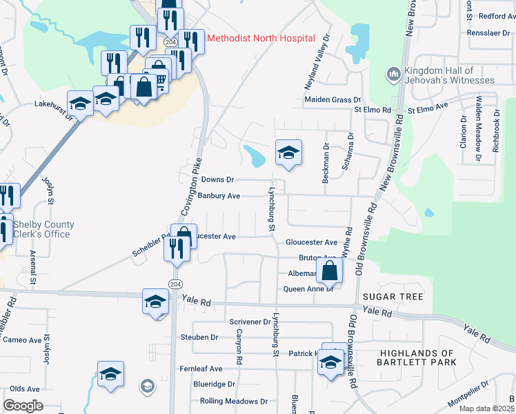 map of restaurants, bars, coffee shops, grocery stores, and more near 3662 Prince John Cove in Memphis