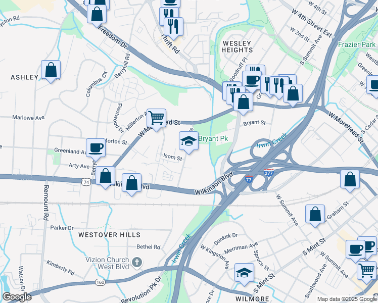 map of restaurants, bars, coffee shops, grocery stores, and more near 2001 Suttle Avenue in Charlotte