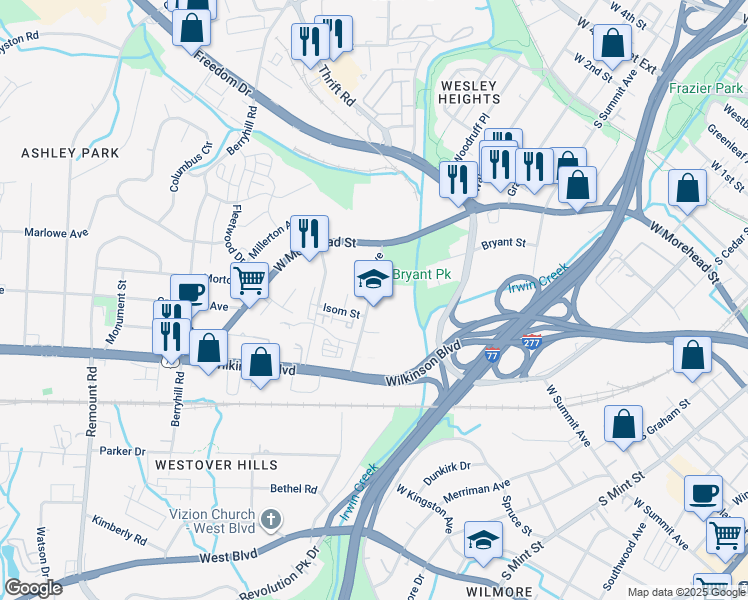 map of restaurants, bars, coffee shops, grocery stores, and more near 2001 Suttle Avenue in Charlotte