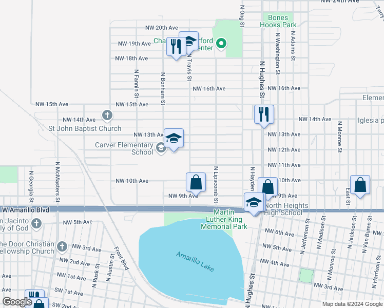 map of restaurants, bars, coffee shops, grocery stores, and more near 1445 Northwest 12th Avenue in Amarillo