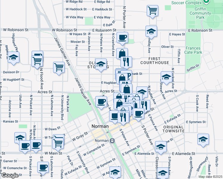 map of restaurants, bars, coffee shops, grocery stores, and more near 504 North Crawford Avenue in Norman