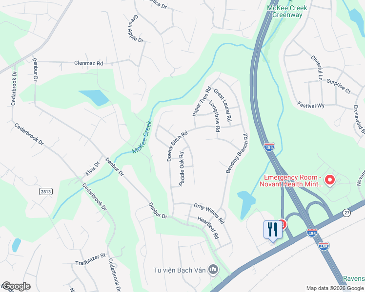 map of restaurants, bars, coffee shops, grocery stores, and more near 12114 Downy Birch Road in Charlotte
