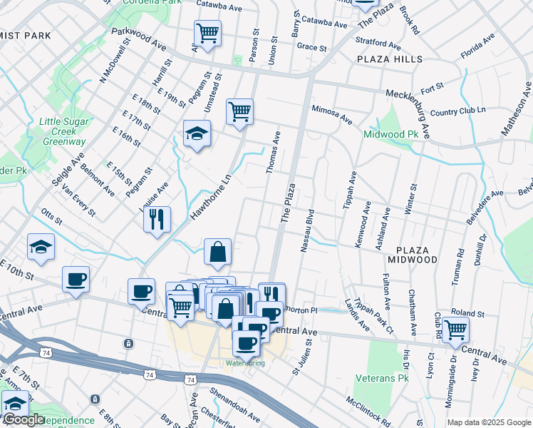 map of restaurants, bars, coffee shops, grocery stores, and more near 1717 Thomas Avenue in Charlotte