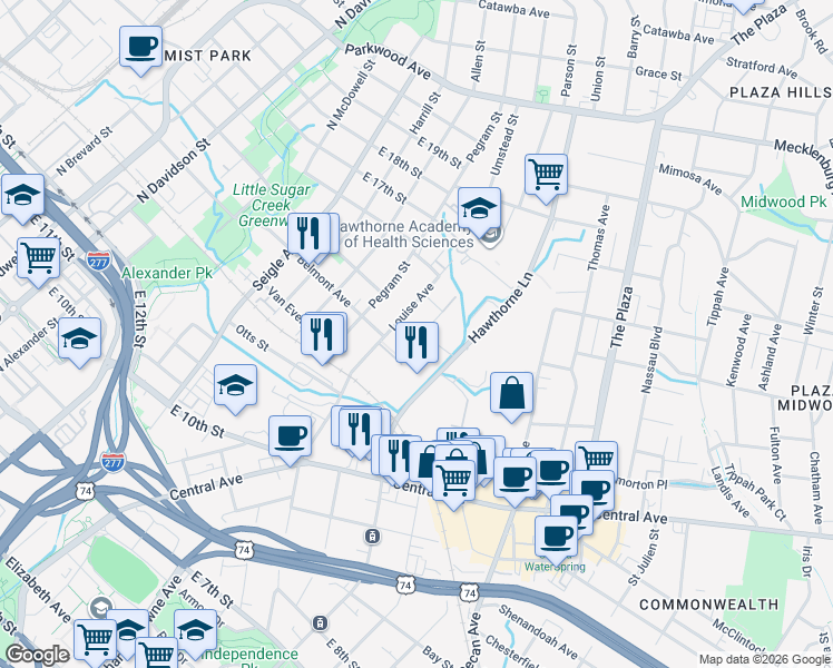 map of restaurants, bars, coffee shops, grocery stores, and more near 1205 Pamlico Street in Charlotte