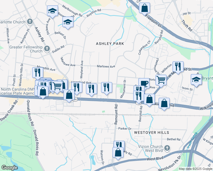 map of restaurants, bars, coffee shops, grocery stores, and more near 2204 Camp Greene Street in Charlotte