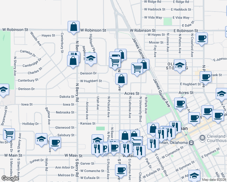 map of restaurants, bars, coffee shops, grocery stores, and more near 607 West Acres Street in Norman