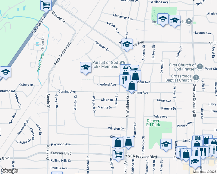 map of restaurants, bars, coffee shops, grocery stores, and more near 1729 Cleoford Avenue in Memphis