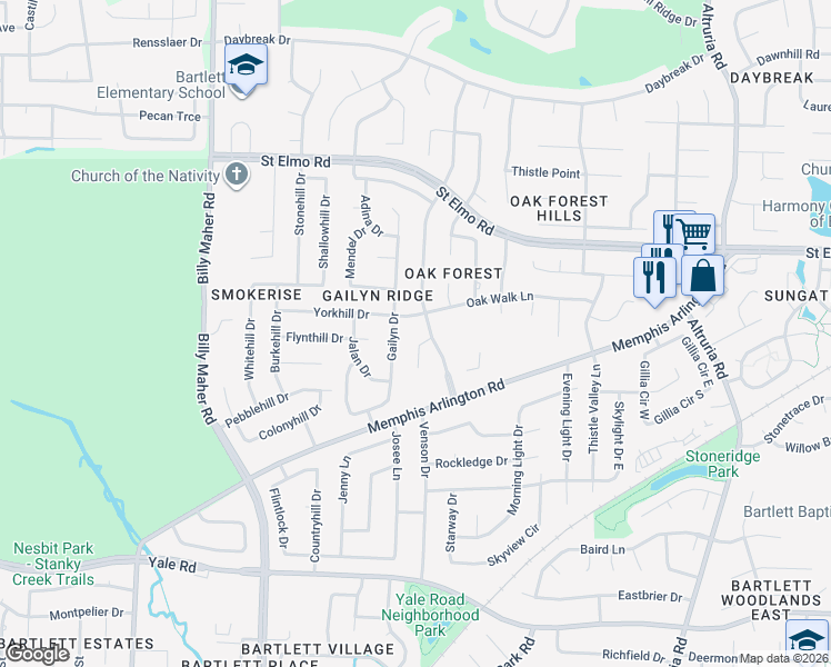 map of restaurants, bars, coffee shops, grocery stores, and more near 3663 Oak Branch Cove in Bartlett