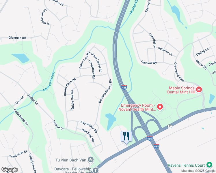 map of restaurants, bars, coffee shops, grocery stores, and more near 12111 Bending Branch Road in Charlotte