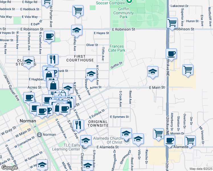 map of restaurants, bars, coffee shops, grocery stores, and more near 102 North Carter Avenue in Norman