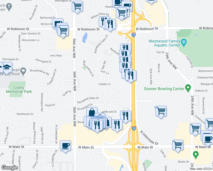 map of restaurants, bars, coffee shops, grocery stores, and more near 3212 Caddo Lane in Norman