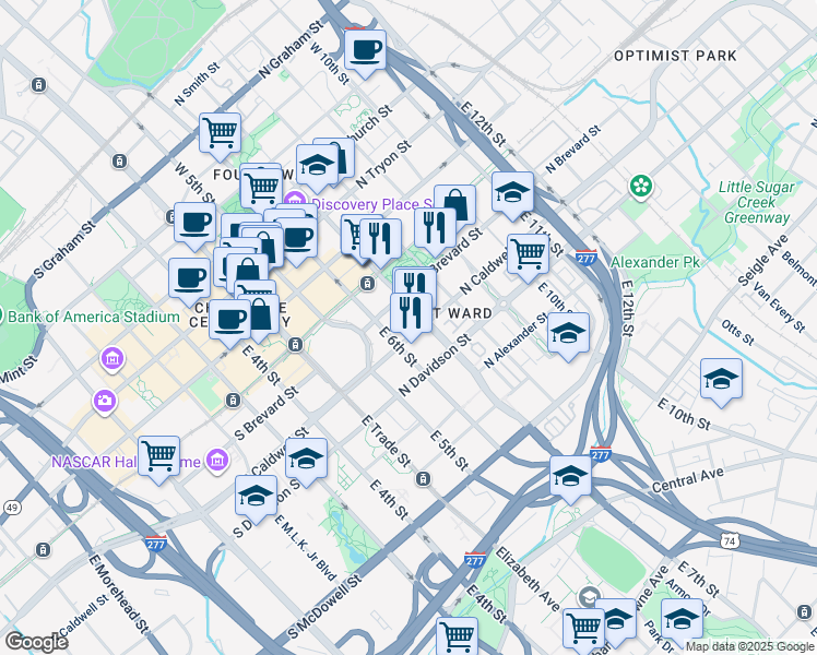 map of restaurants, bars, coffee shops, grocery stores, and more near 317 North Caldwell Street in Charlotte