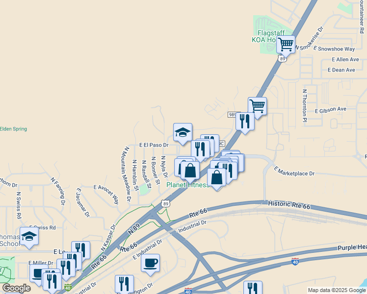 map of restaurants, bars, coffee shops, grocery stores, and more near 4000 North Cummings Street in Flagstaff