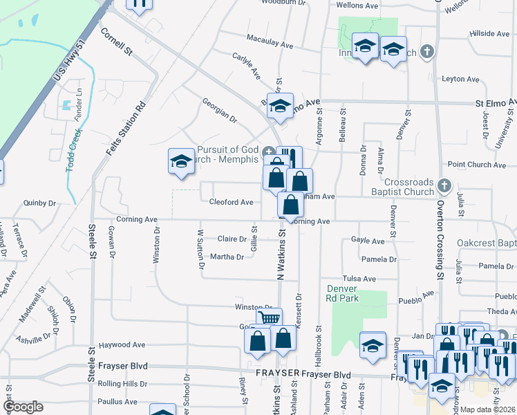 map of restaurants, bars, coffee shops, grocery stores, and more near 3677 Gillie Street in Memphis