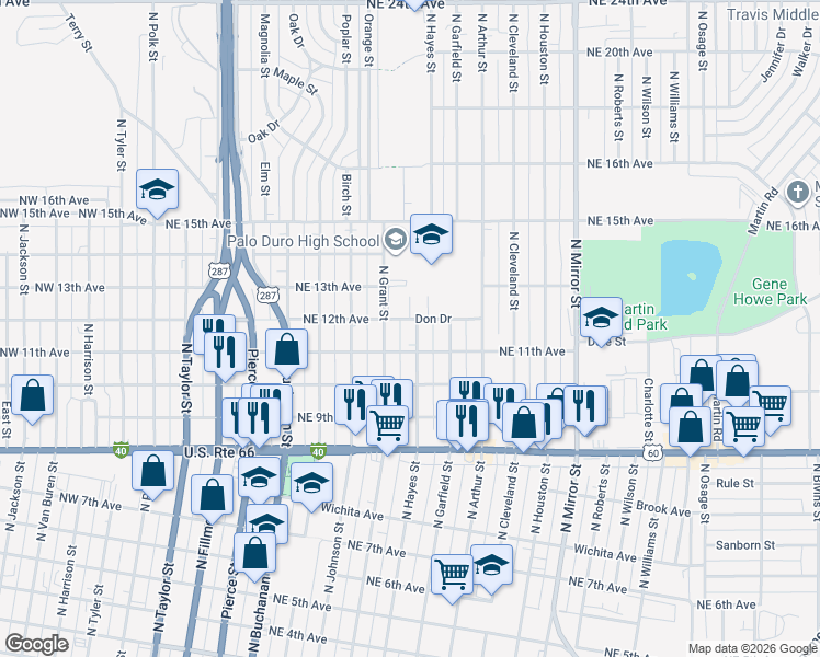 map of restaurants, bars, coffee shops, grocery stores, and more near 1109 North Hayes Street in Amarillo