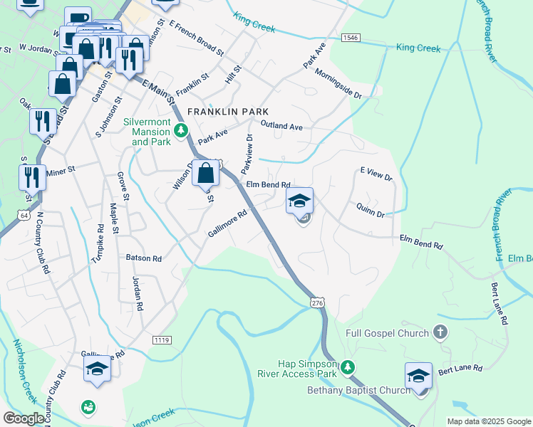 map of restaurants, bars, coffee shops, grocery stores, and more near 319 Greenville Highway in Brevard