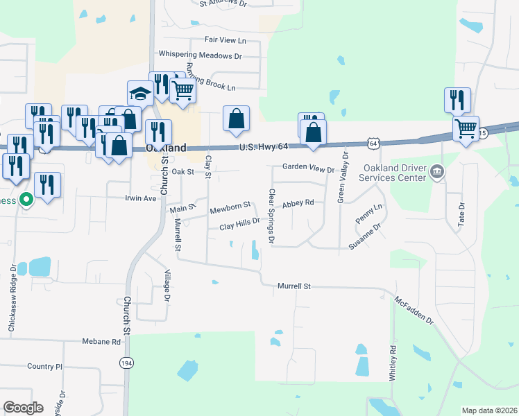 map of restaurants, bars, coffee shops, grocery stores, and more near 40 Green Hills Drive in Oakland