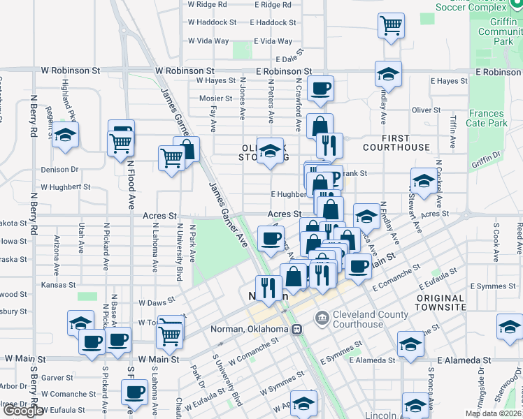 map of restaurants, bars, coffee shops, grocery stores, and more near 608 North Peters Avenue in Norman