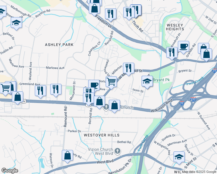 map of restaurants, bars, coffee shops, grocery stores, and more near 2216 West Morehead Street in Charlotte
