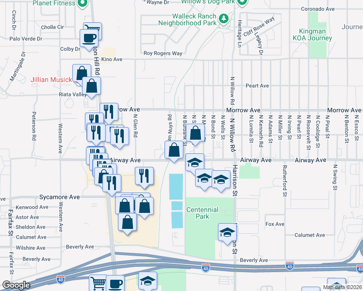 map of restaurants, bars, coffee shops, grocery stores, and more near 3535 North Burbank Street in Kingman