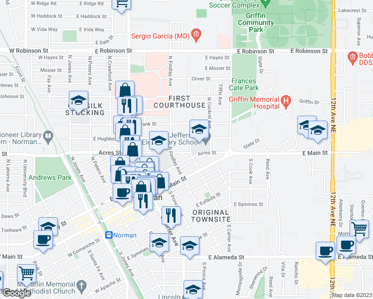 map of restaurants, bars, coffee shops, grocery stores, and more near 623 East Acres Street in Norman