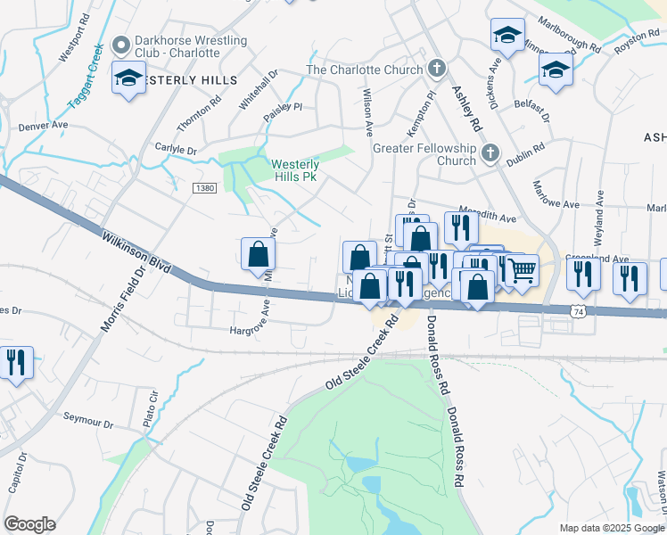 map of restaurants, bars, coffee shops, grocery stores, and more near 2538 Crispin Avenue in Charlotte