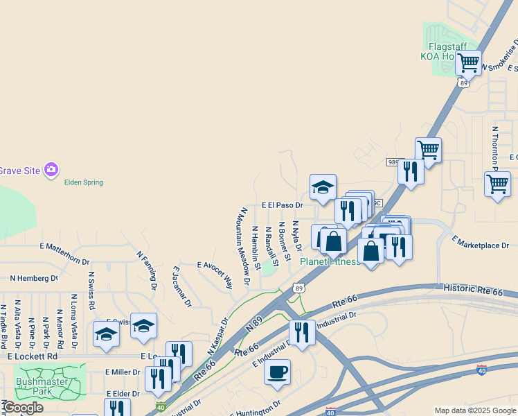 map of restaurants, bars, coffee shops, grocery stores, and more near 4530 N Hamblin St in Flagstaff
