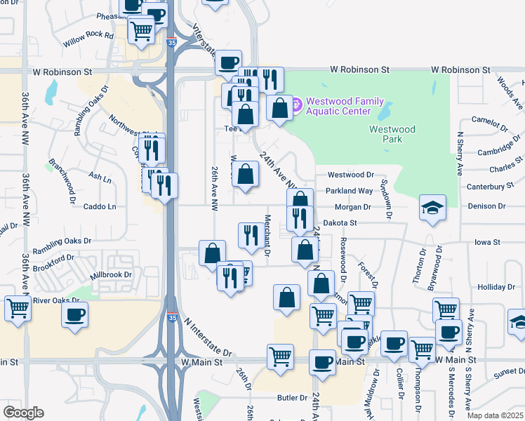 map of restaurants, bars, coffee shops, grocery stores, and more near 2510 Boardwalk Street in Norman