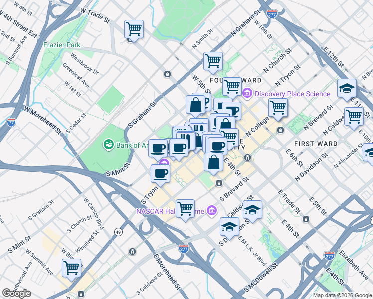 map of restaurants, bars, coffee shops, grocery stores, and more near in Charlotte