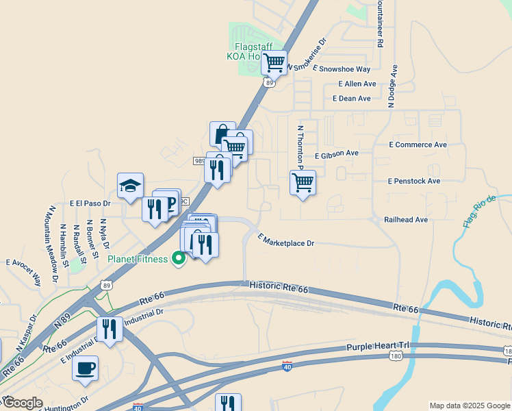 map of restaurants, bars, coffee shops, grocery stores, and more near 5000 North Mall Way in Flagstaff