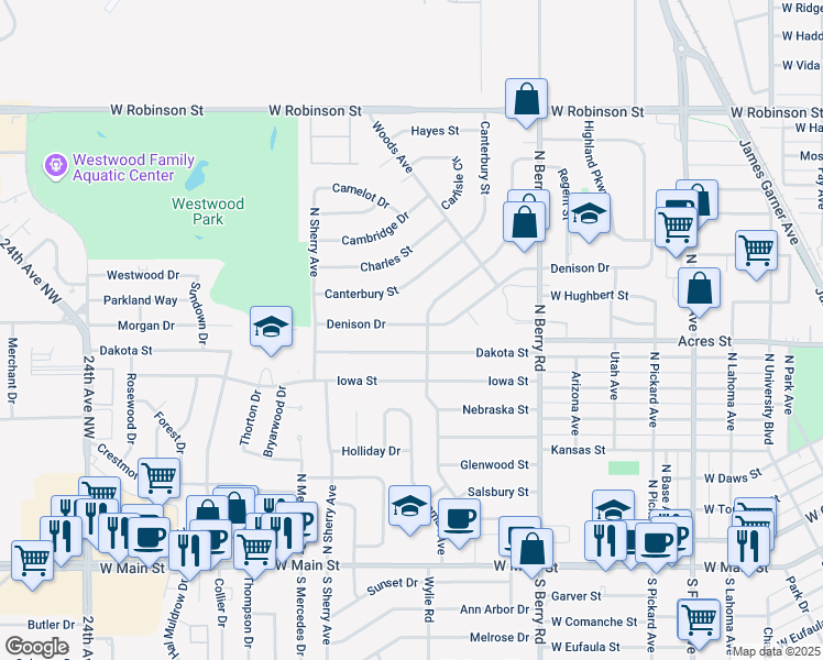 map of restaurants, bars, coffee shops, grocery stores, and more near 1510 Denison Drive in Norman