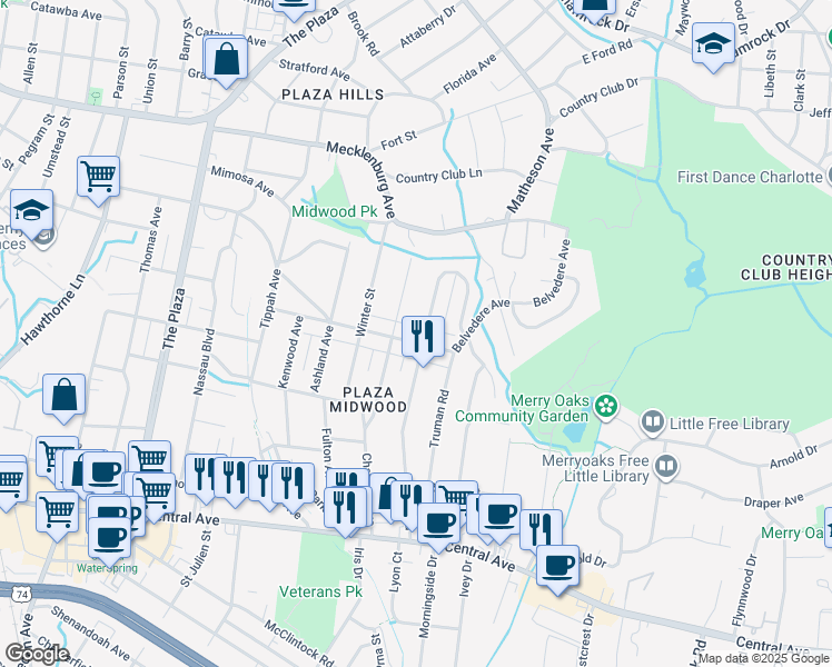 map of restaurants, bars, coffee shops, grocery stores, and more near 2405 Belvedere Avenue in Charlotte