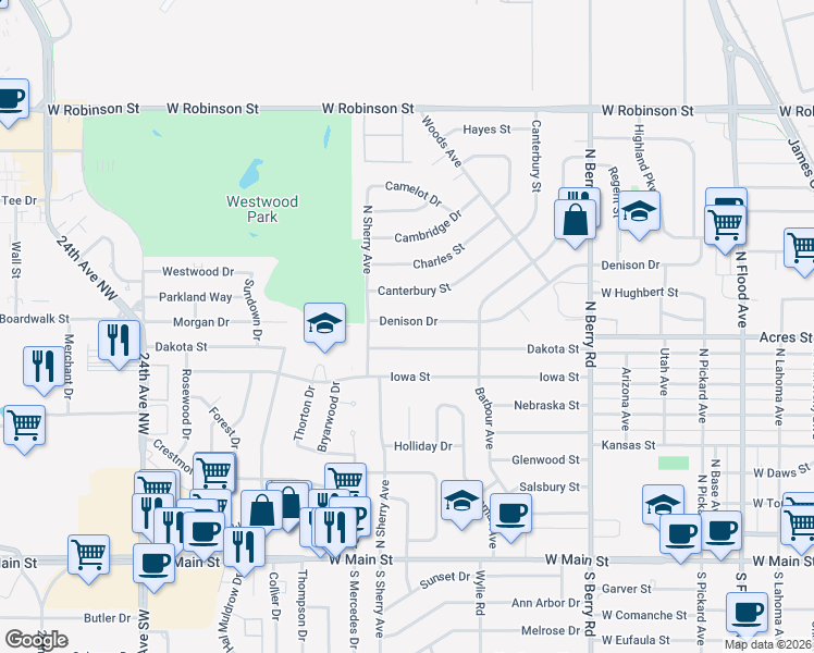 map of restaurants, bars, coffee shops, grocery stores, and more near 1710 Denison Drive in Norman