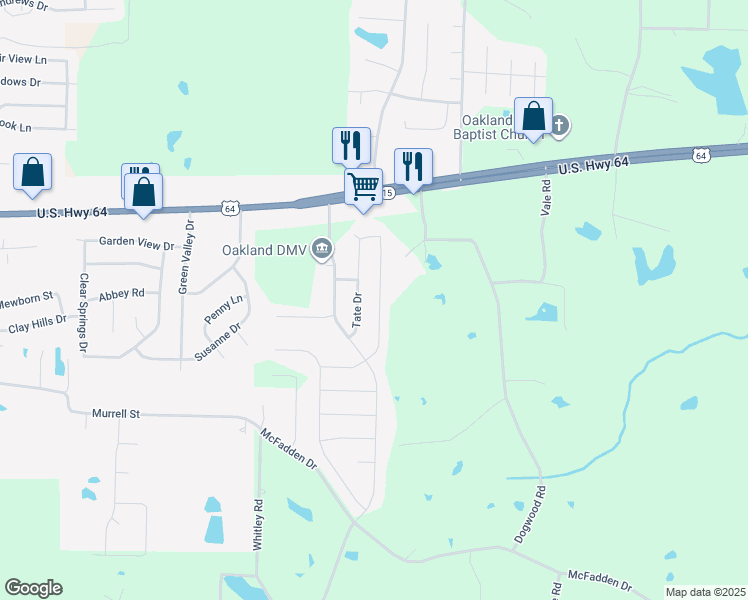 map of restaurants, bars, coffee shops, grocery stores, and more near 450 Tate Drive in Oakland