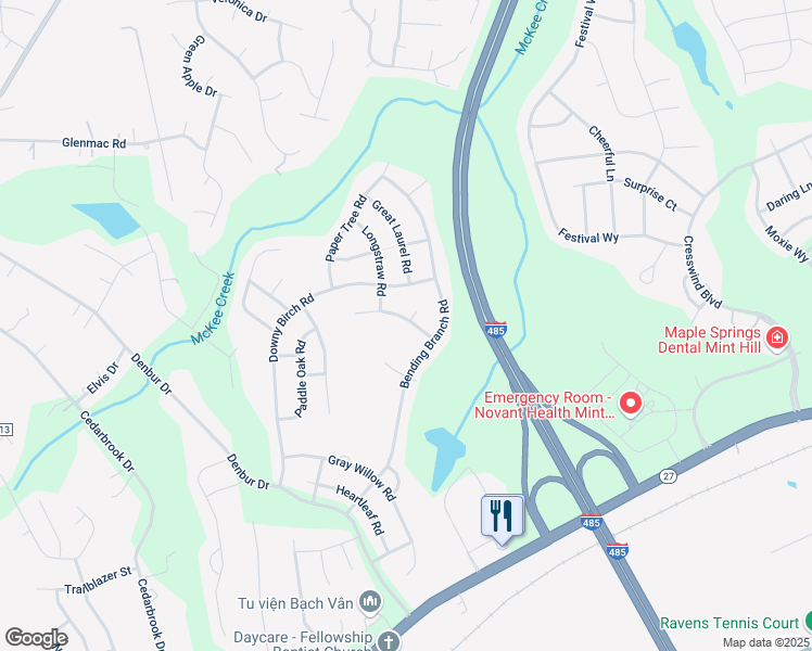 map of restaurants, bars, coffee shops, grocery stores, and more near 10224 Green Grass Road in Charlotte