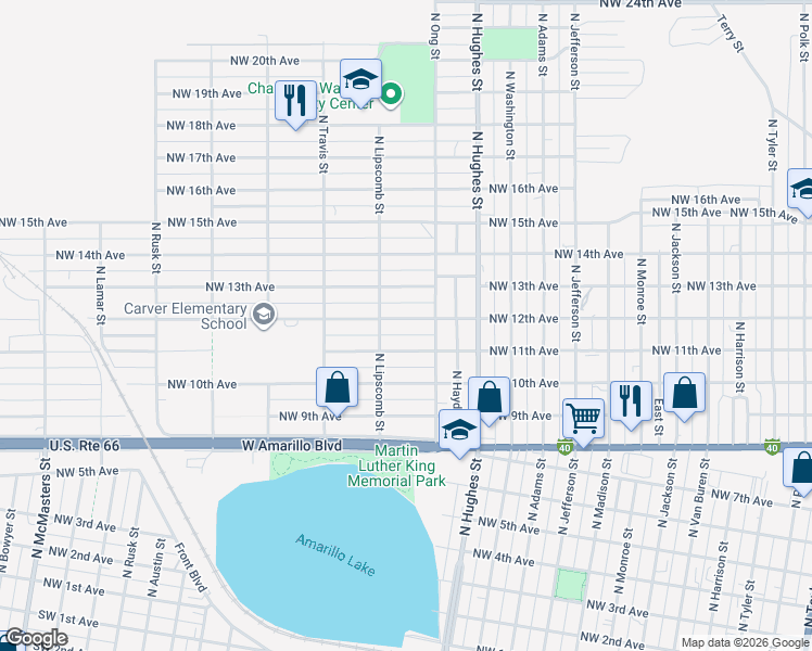 map of restaurants, bars, coffee shops, grocery stores, and more near 1327 Northwest 12th Avenue in Amarillo