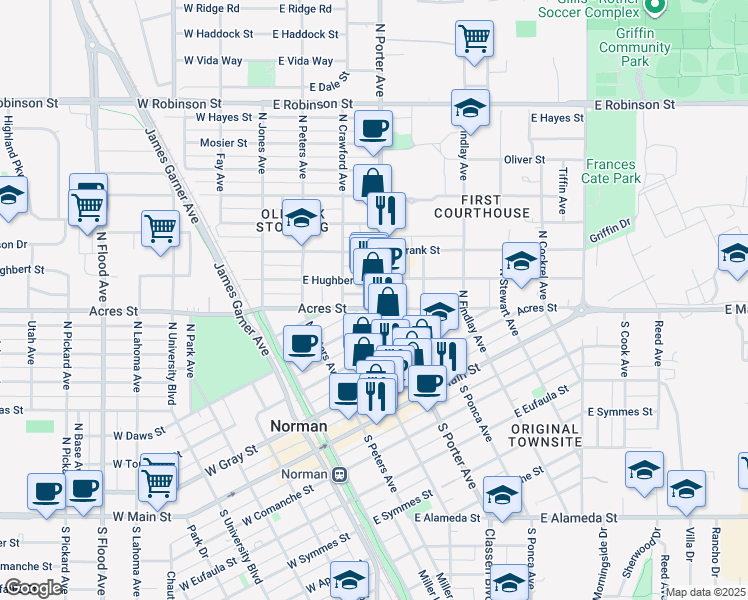 map of restaurants, bars, coffee shops, grocery stores, and more near 506 North Porter Avenue in Norman